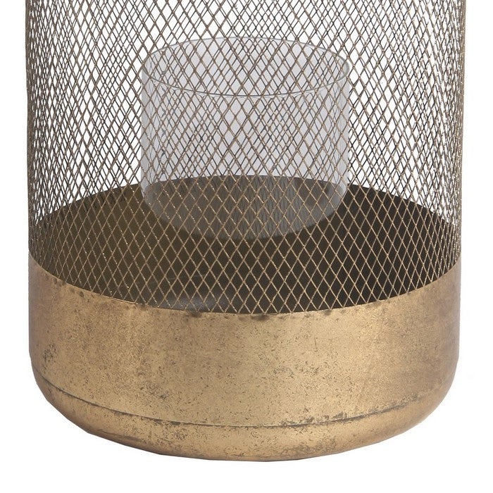 Wire Mesh Cylindrical Metal Lantern with Glass Hurricane,Large,Antique Gold