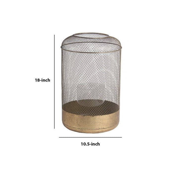 Wire Mesh Cylindrical Metal Lantern with Glass Hurricane,Large,Antique Gold