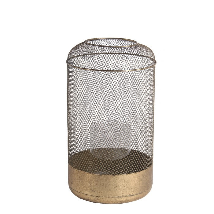 Wire Mesh Cylindrical Metal Lantern with Glass Hurricane,Large,Antique Gold