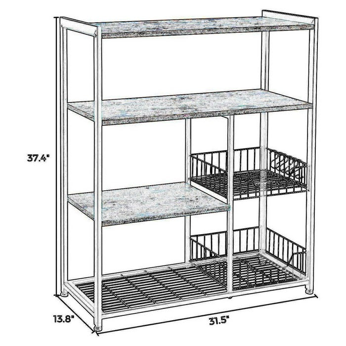 2 Mesh Basket and 6 Hooks Wood and Metal Frame Bakers Rack, Brown and Black