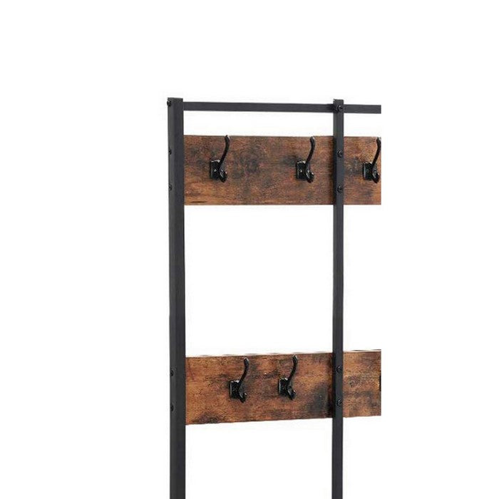 Wood and Metal Hall Tree with 12 Hooks and 3 Open Shelves, Brown and Black