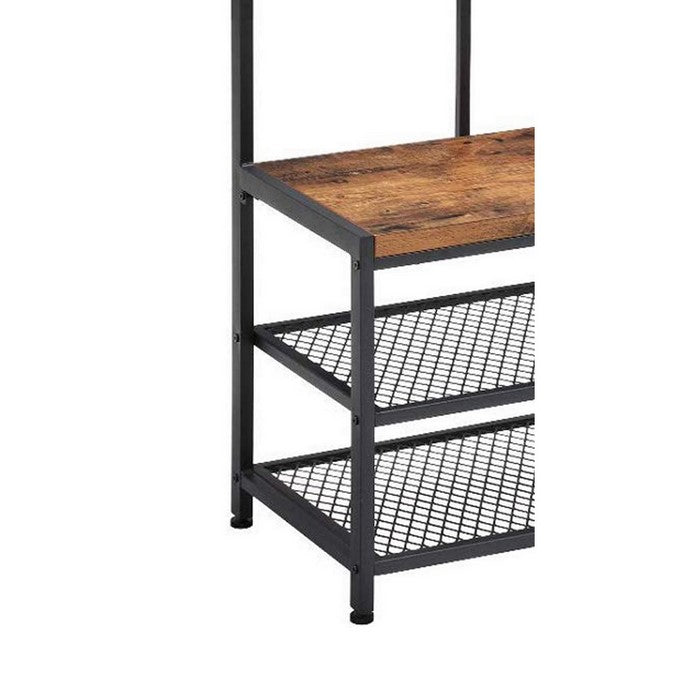 Wood and Metal Hall Tree with 12 Hooks and 3 Open Shelves, Brown and Black