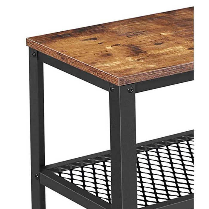 Wood and Metal Frame Side Table with 2 Open Mesh Shelves, Brown and Black