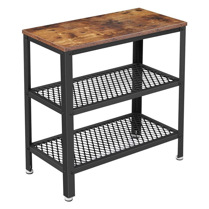 Wood and Metal Frame Side Table with 2 Open Mesh Shelves, Brown and Black