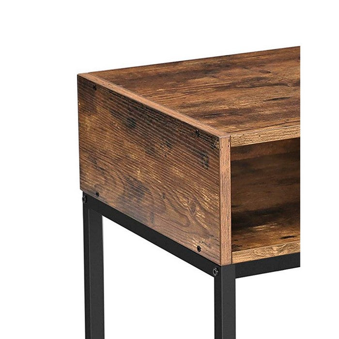 Wood and Metal Frame Nightstand with Mesh Shelf, Brown and Black