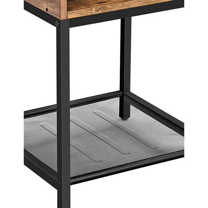 Wood and Metal Frame Nightstand with Mesh Shelf, Brown and Black