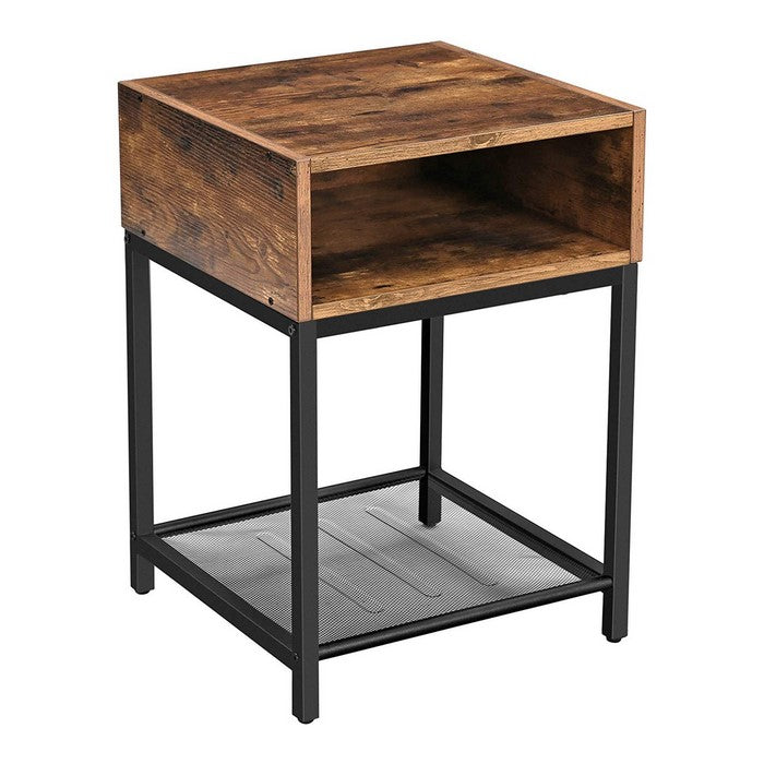 Wood and Metal Frame Nightstand with Mesh Shelf, Brown and Black
