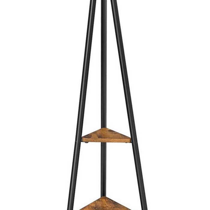 Tapered Drum Shade Floor Lamp with 2 Open Shelves, White and Black
