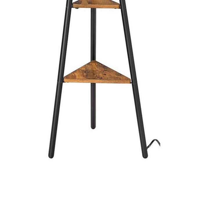 Tapered Drum Shade Floor Lamp with 2 Open Shelves, White and Black