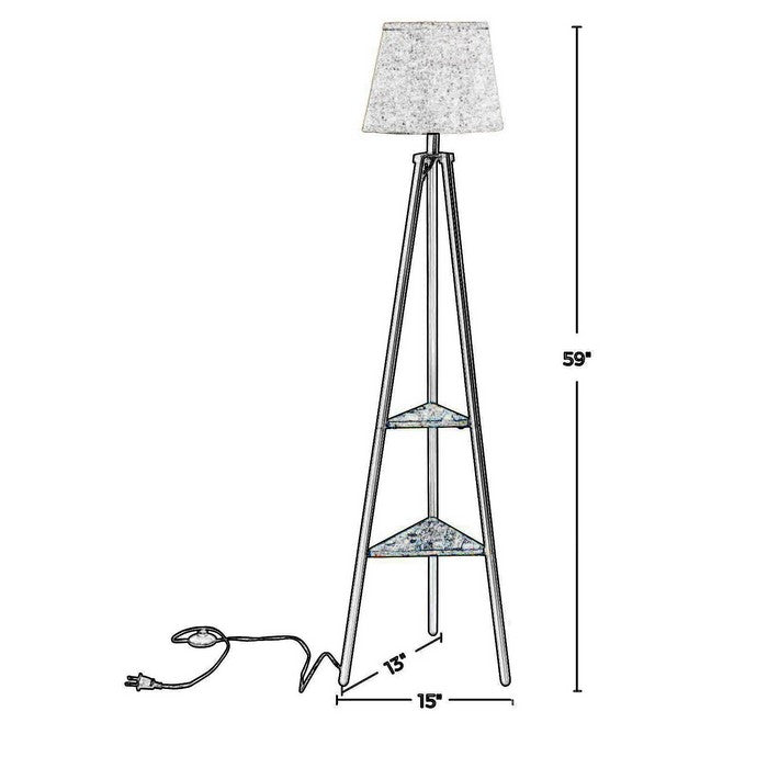 Tapered Drum Shade Floor Lamp with 2 Open Shelves, White and Black