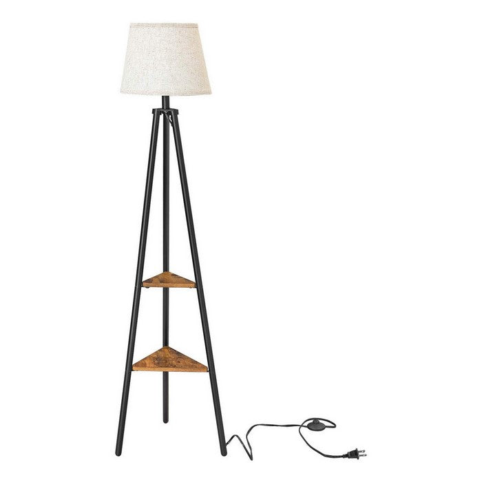Tapered Drum Shade Floor Lamp with 2 Open Shelves, White and Black