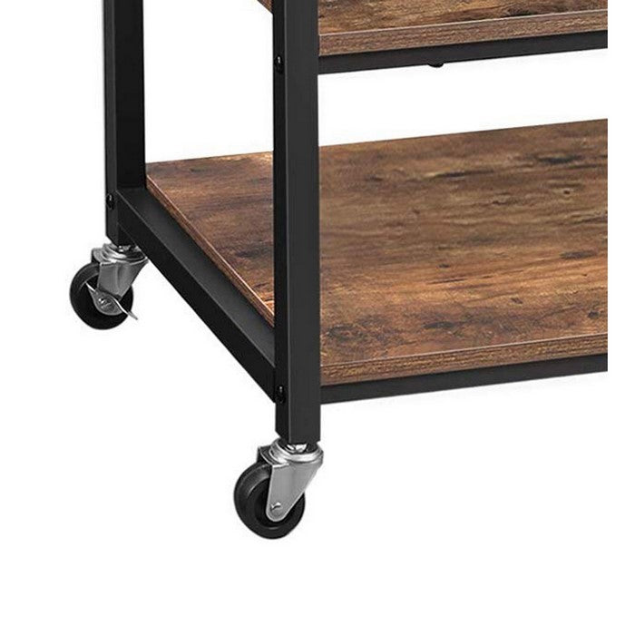 Caster Supported Wood and Metal Kitchen Cart with 3 Shelves,Brown and Black