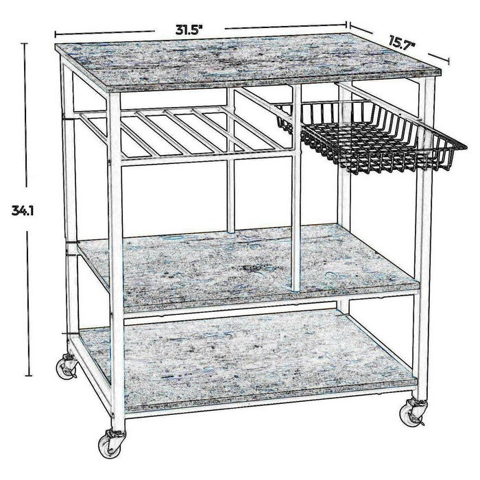 Caster Supported Wood and Metal Kitchen Cart with 3 Shelves,Brown and Black