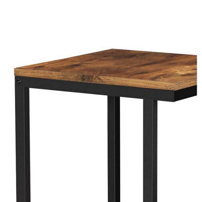 Dual Level Wooden Top Side Table with Mesh Shelf, Brown and Black