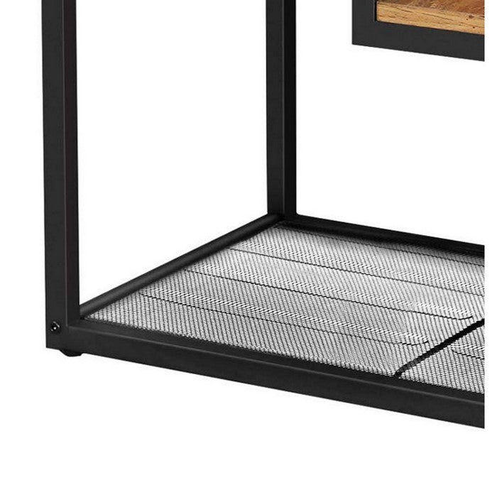 Dual Level Wooden Top Side Table with Mesh Shelf, Brown and Black