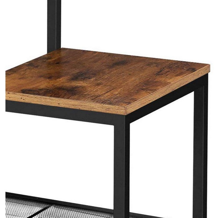 Dual Level Wooden Top Side Table with Mesh Shelf, Brown and Black