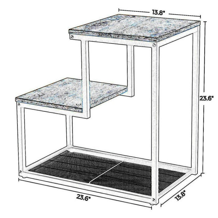 Dual Level Wooden Top Side Table with Mesh Shelf, Brown and Black