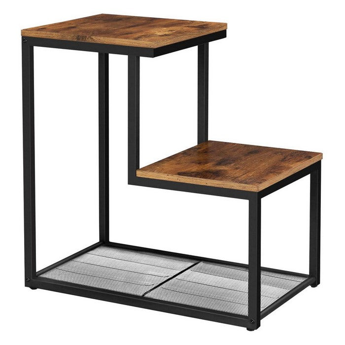 Dual Level Wooden Top Side Table with Mesh Shelf, Brown and Black