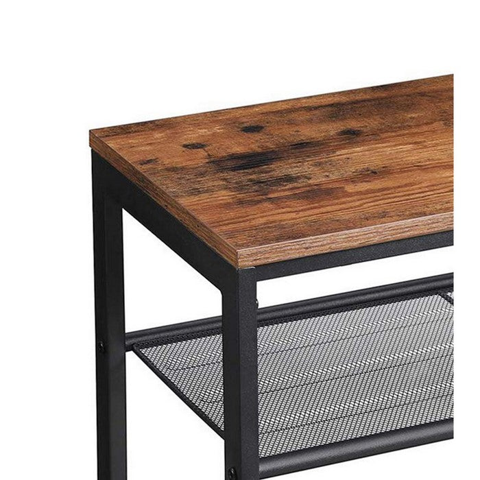 3 Tier Wooden Top Side Table with 2 Mesh Shelves, Brown and Black