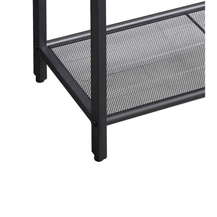 3 Tier Wooden Top Side Table with 2 Mesh Shelves, Brown and Black