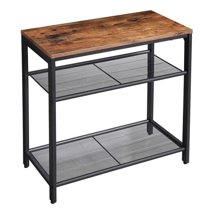 3 Tier Wooden Top Side Table with 2 Mesh Shelves, Brown and Black