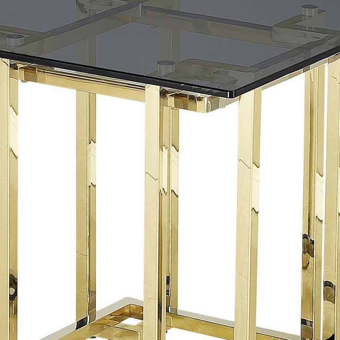 Tempered Glass Top Accent Table with Metal Frame, Gray and Gold