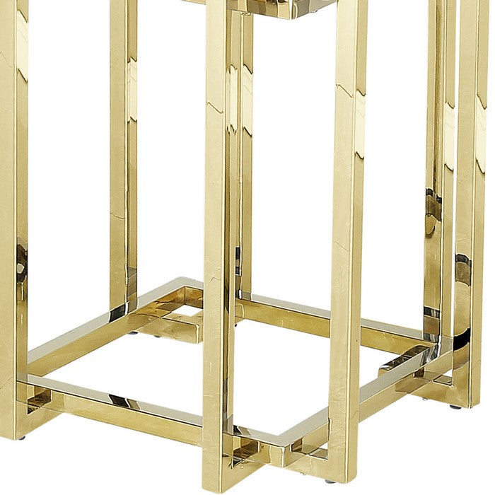 Tempered Glass Top Accent Table with Metal Frame, Gray and Gold