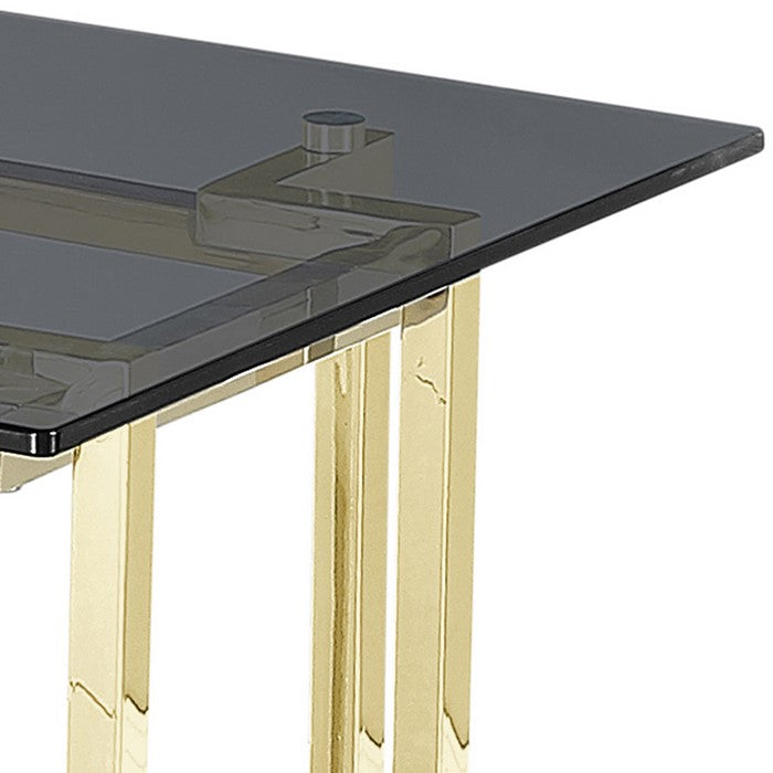 Tempered Glass Top Accent Table with Metal Frame, Gray and Gold