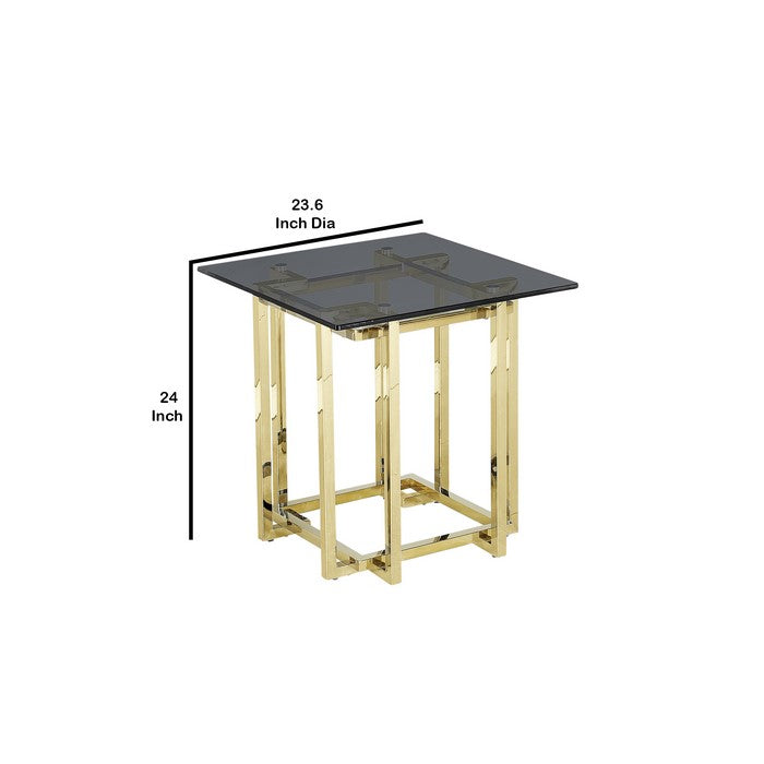 Tempered Glass Top Accent Table with Metal Frame, Gray and Gold