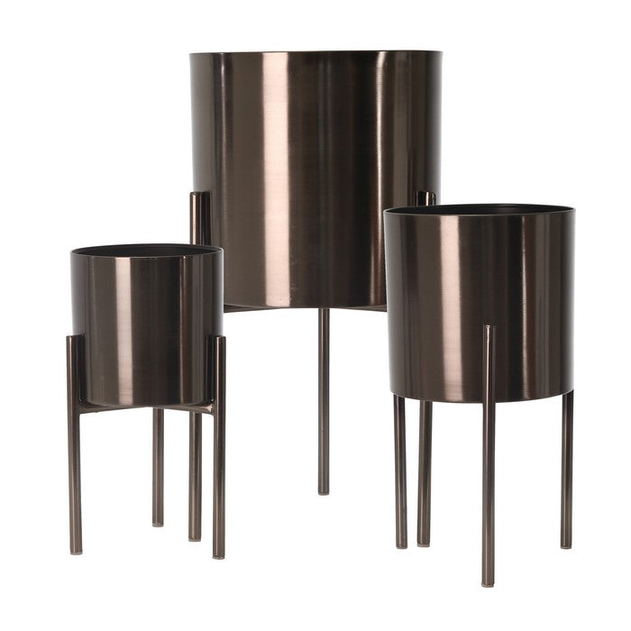 Metal Frame Round Planter with Tripod Stands, Set of 3, Glossy Gray
