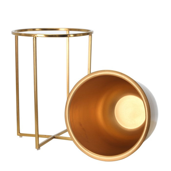 Metal Frame Glass Shape Planter with X Design at Bottom, Set of 2, Gold