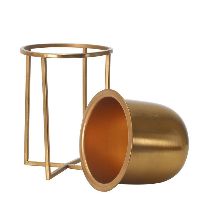 Metal Frame Glass Shape Planter with X Design at Bottom, Set of 2, Gold