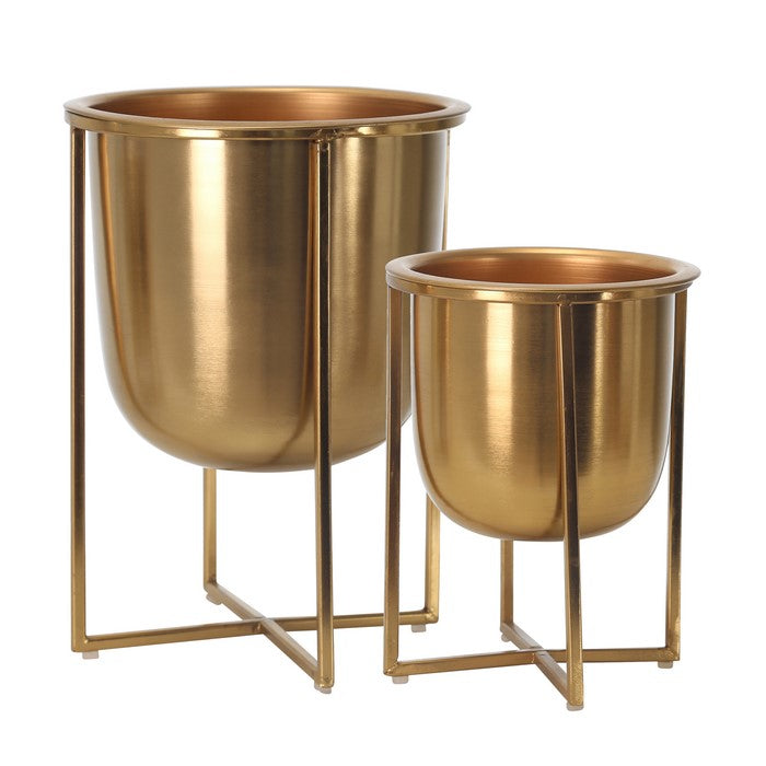 Metal Frame Glass Shape Planter with X Design at Bottom, Set of 2, Gold