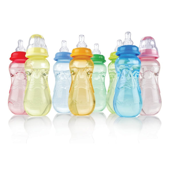 Nuby 3-Pack Non-Drip Standard Neck Bottles, 10 Ounce, Colors May Vary