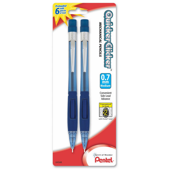 Pentel Quicker Clicker Automatic Pencil, 0.7mm, Transparent Blue Barrel, 2 Pack (PD347BP2-K6)