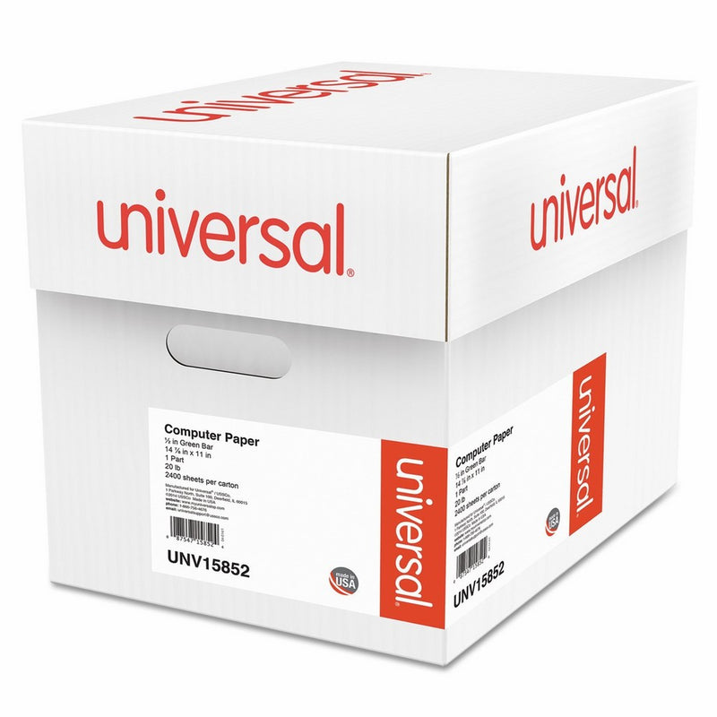 Universal Green Bar Computer Paper, 20lb, 14-7/8" x 11" , Perforated Margins, 2400 Sheets (15852)