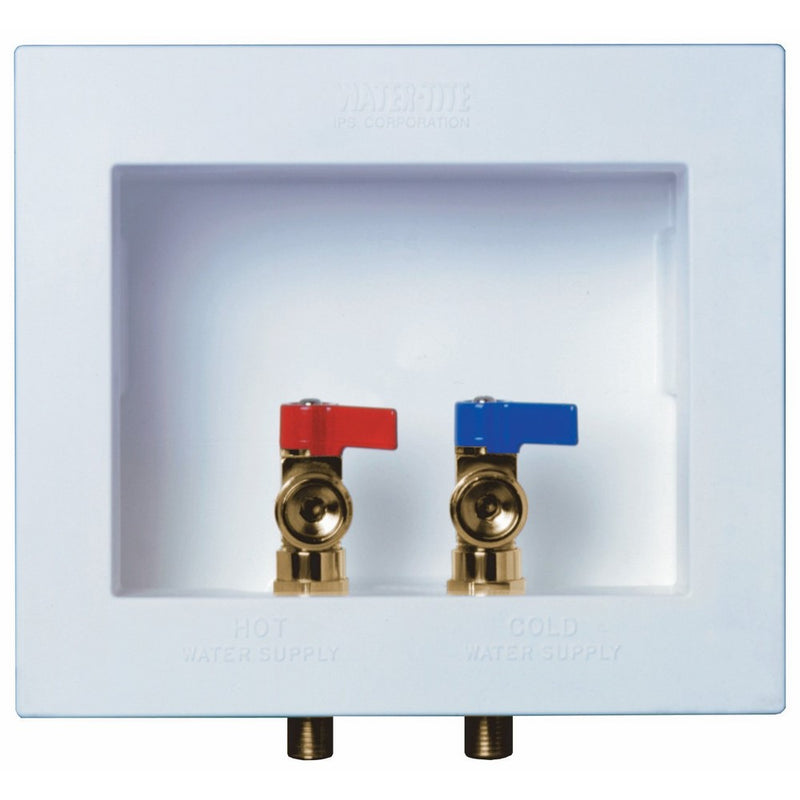 Water-Tite Du-All Dual Drain Washing Machine Outlet Box with Brass Qtr-turn Valves, Installed, 1/2" CPVC Conx