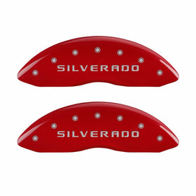MGP Caliper Covers 14207FSILRD 'SILVERADO' Engraved Caliper Cover with Red Powder Coat Finish and Silver Characters, (Set of 2)