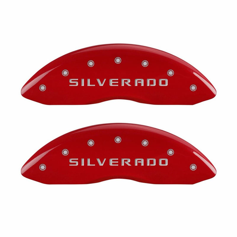 MGP Caliper Covers 14207FSILRD 'SILVERADO' Engraved Caliper Cover with Red Powder Coat Finish and Silver Characters, (Set of 2)