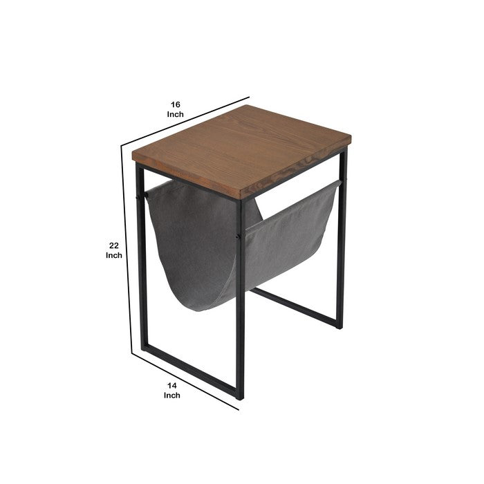 Wood and Metal Frame Accent Table with Fabric Pouch, Brown and Black