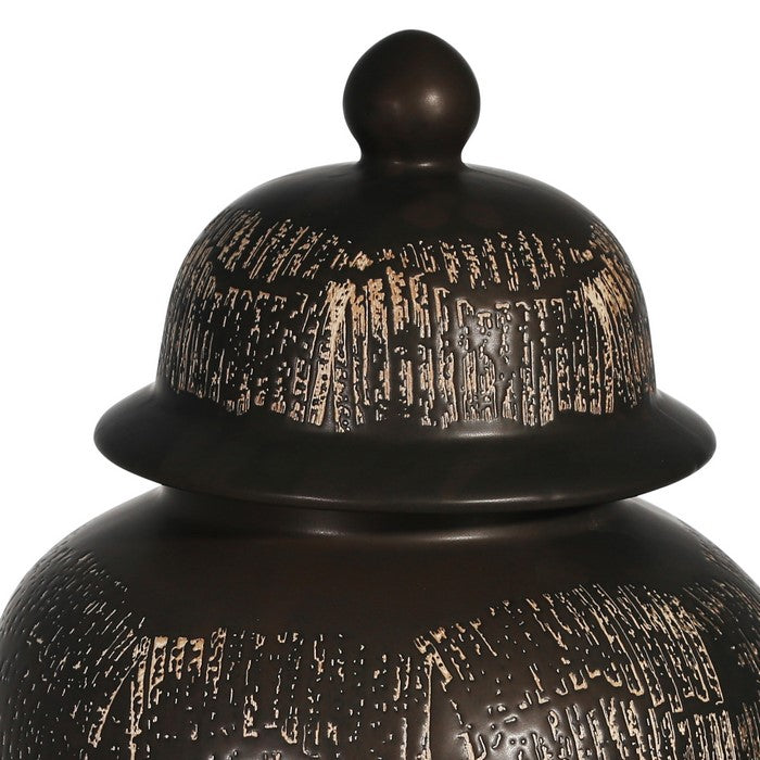 Ceramic Frame Temple Shape Lidded Jar, Dark Brown