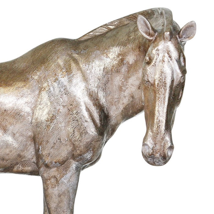15 Inches Polyresin Frame Decorative Horse Sculpture, Distressed Silver