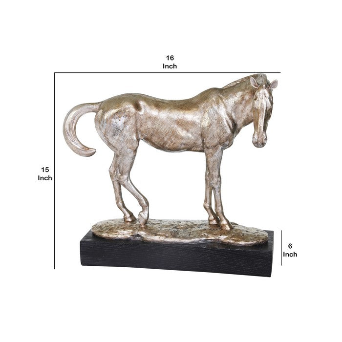 15 Inches Polyresin Frame Decorative Horse Sculpture, Distressed Silver