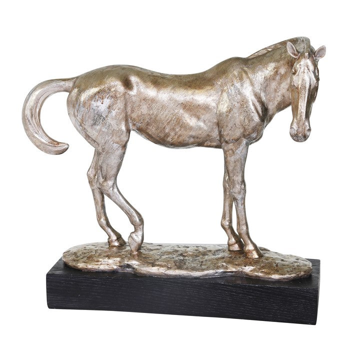 15 Inches Polyresin Frame Decorative Horse Sculpture, Distressed Silver