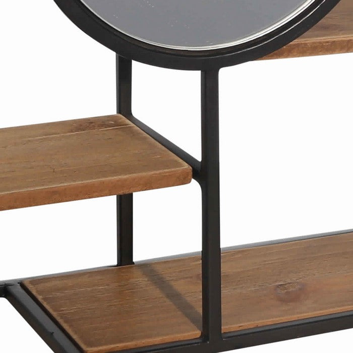 Oblong Wood and Metal 3 Tier Wall Shelf with Round Mirror, Brown and Black