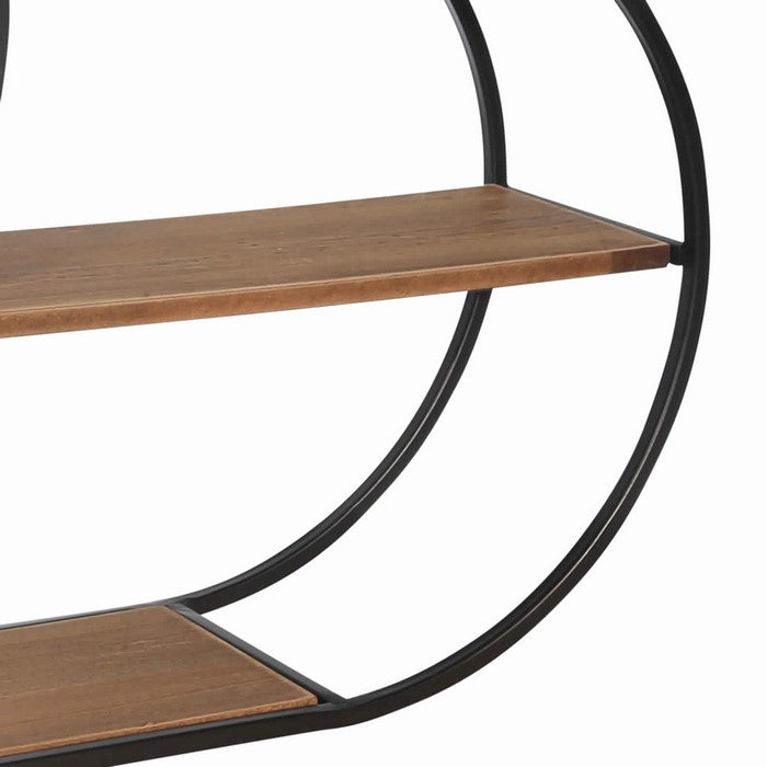 Oblong Wood and Metal 3 Tier Wall Shelf with Round Mirror, Brown and Black