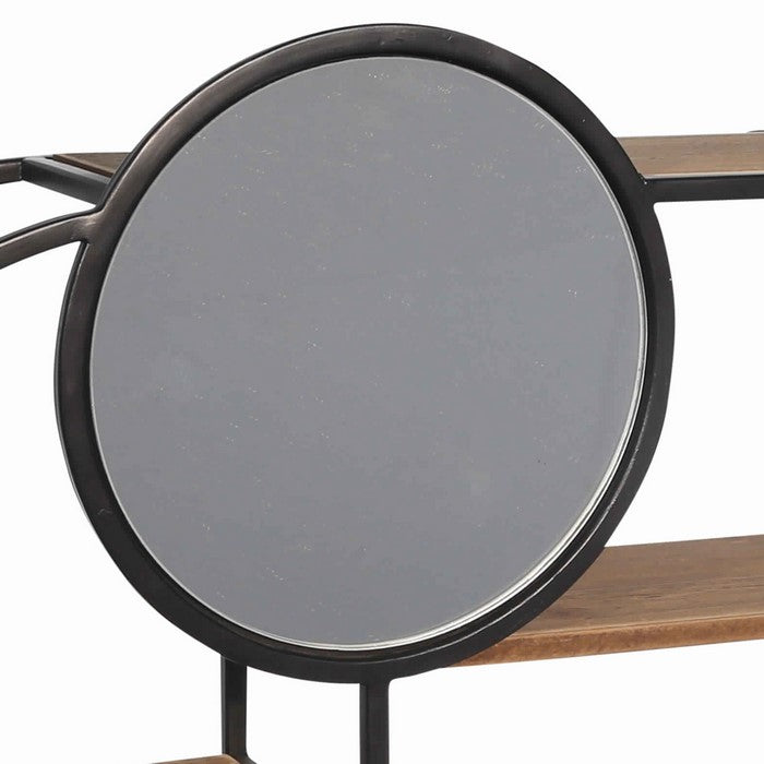 Oblong Wood and Metal 3 Tier Wall Shelf with Round Mirror, Brown and Black