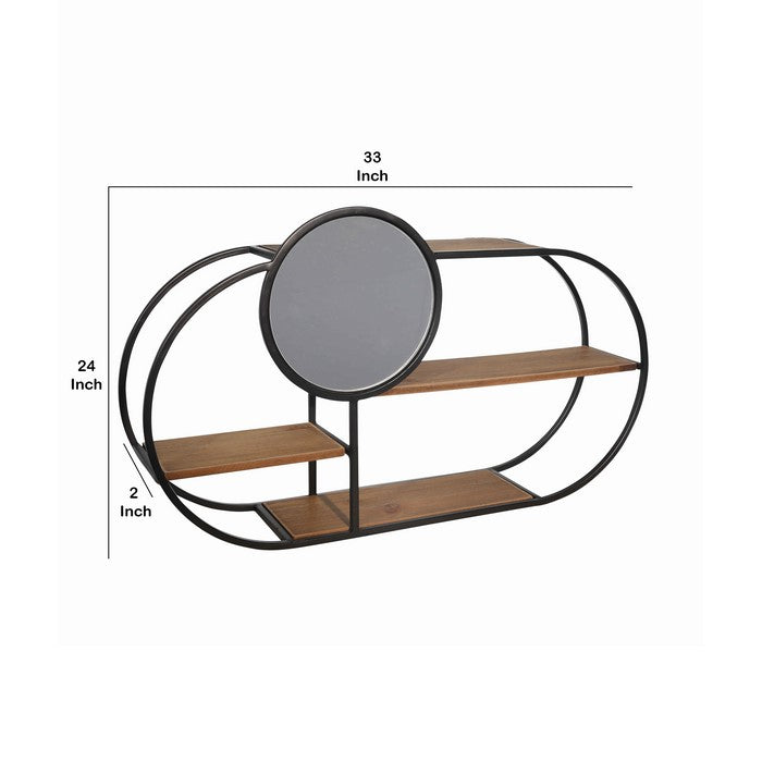 Oblong Wood and Metal 3 Tier Wall Shelf with Round Mirror, Brown and Black