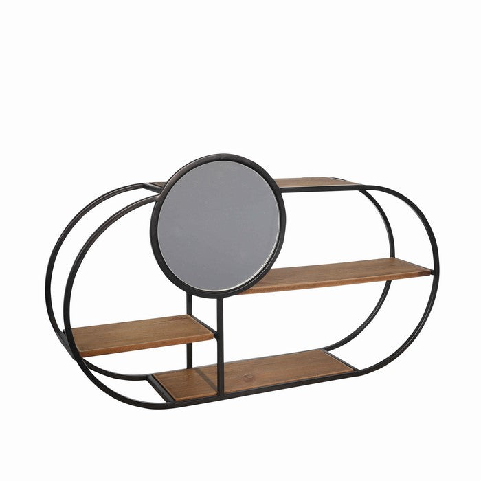 Oblong Wood and Metal 3 Tier Wall Shelf with Round Mirror, Brown and Black