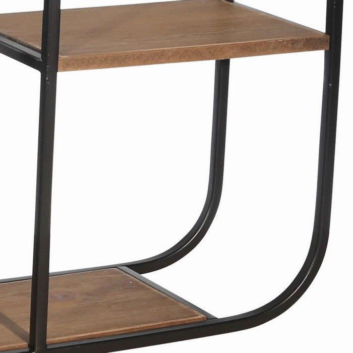 Rectangular Wood and Metal 3 Tier Wall Shelf with Mirror, Brown and Black